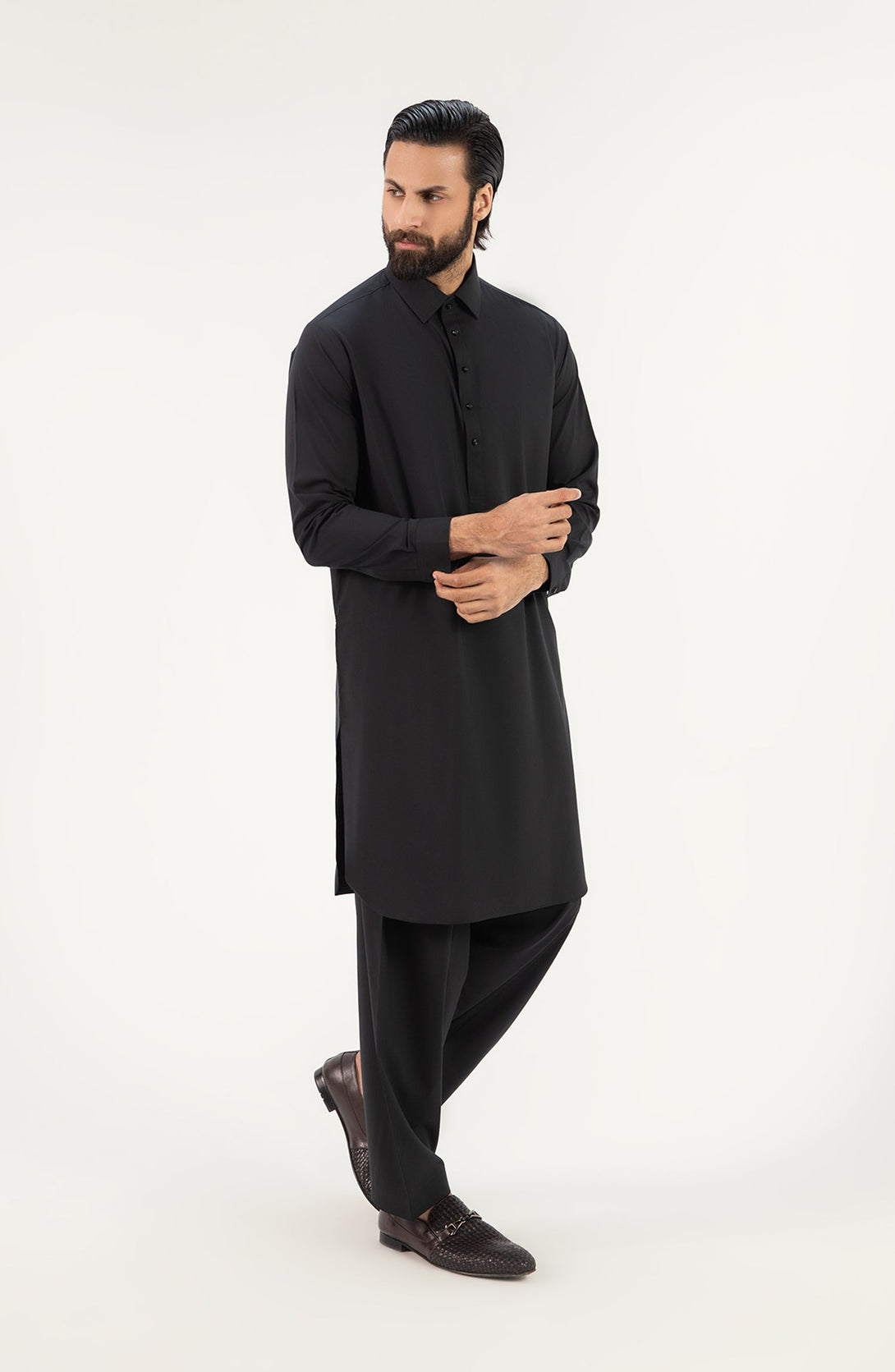 Basic Fancy Shirt Collar Shalwar Suit - Black